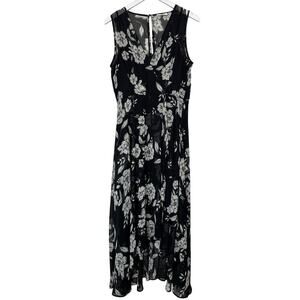 Calvin Klein Size 10 Black White Midi Dress Floral Vacay Flowy Euro Summer
